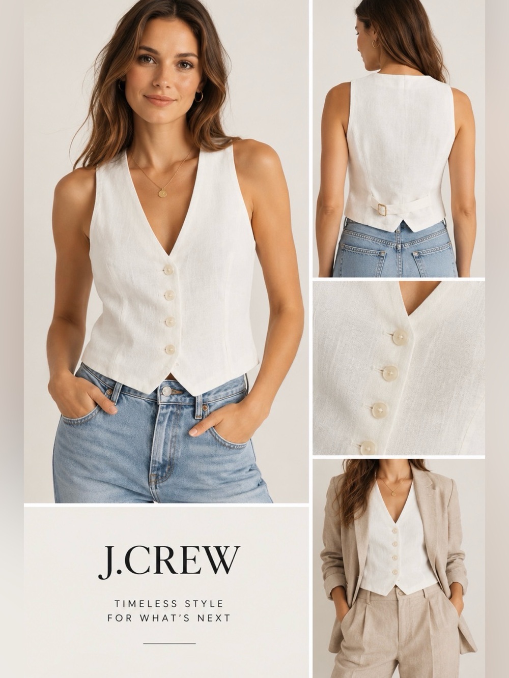 J.Crew White Linen Blend Button Front Vest Size 6